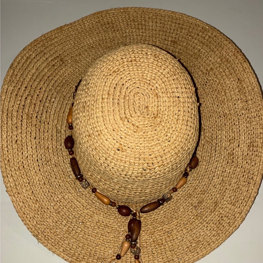 Scala Sun Hat Womens OS Tan Natural Fiber Beaded‎ Boho Straw Wide Brim Fedora